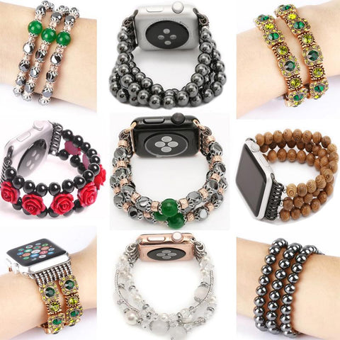 Handmade Agate Hematite Wood Band for Apple Watch 38/42mm Wrist Strap Flexible Strectch Spiral Cord for iwatch Series 1/2.